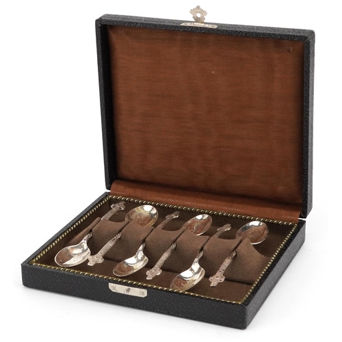 474 - W H Darby & Sons Ltd, set of six Elizabeth II Celtic cross design silver teaspoons housed in a fitte... 