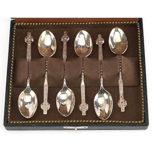 474 - W H Darby & Sons Ltd, set of six Elizabeth II Celtic cross design silver teaspoons housed in a fitte... 