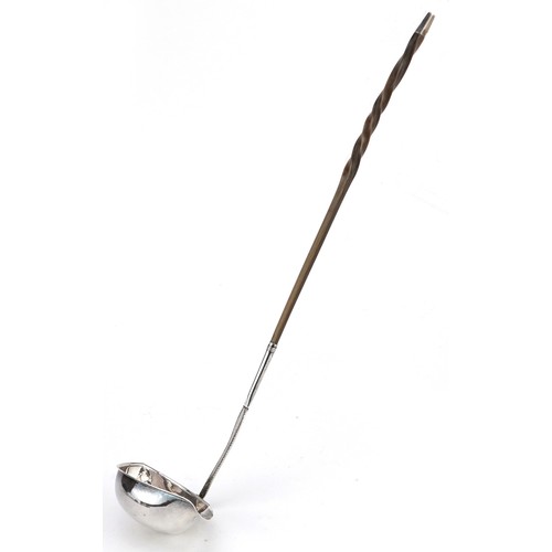 95 - Georgian silver ladle with twisted horn handle, incomplete hallmarks, D H & Co maker's mark, 33cm in... 