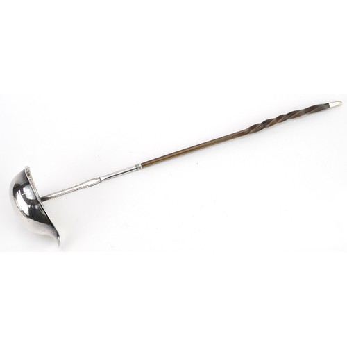 95 - Georgian silver ladle with twisted horn handle, incomplete hallmarks, D H & Co maker's mark, 33cm in... 