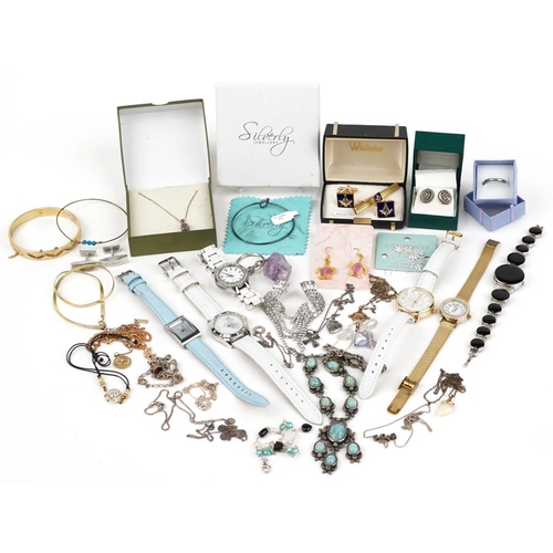 3812 - Vintage and later costume jewellery and wristwatches, some silver, including necklaces, Rennie Macki... 