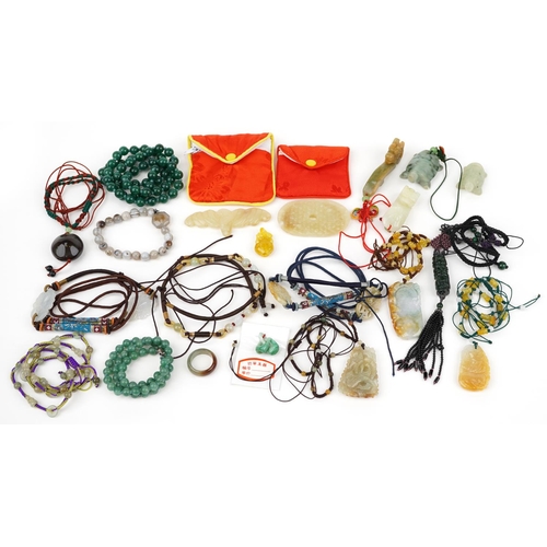 3816 - Chinese jade and hardstone jewellery including necklaces, pendants and bracelets