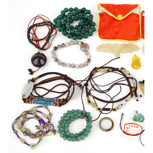 3816 - Chinese jade and hardstone jewellery including necklaces, pendants and bracelets