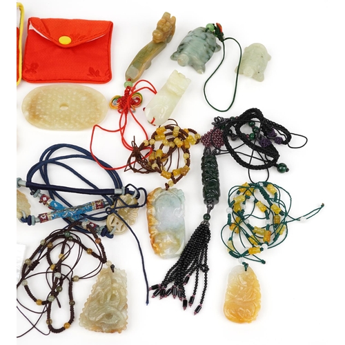 3816 - Chinese jade and hardstone jewellery including necklaces, pendants and bracelets