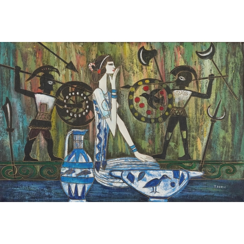 646 - Grecian warriors and female vessels, oil on canvas bearing a signature Y Deric, framed, 91cm x 60cm ... 