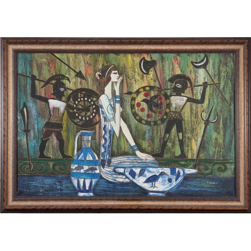 646 - Grecian warriors and female vessels, oil on canvas bearing a signature Y Deric, framed, 91cm x 60cm ... 