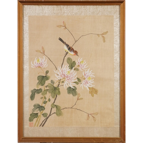 458 - Birds amongst peony blossom and chrysanthemums, set of three Chinese watercolours on silk with red s... 