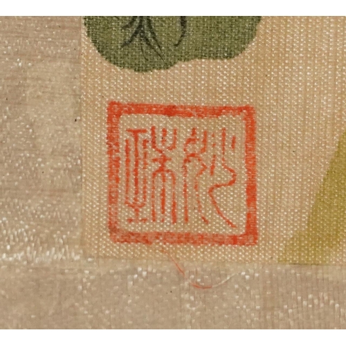 458 - Birds amongst peony blossom and chrysanthemums, set of three Chinese watercolours on silk with red s... 