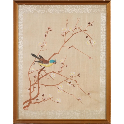 458 - Birds amongst peony blossom and chrysanthemums, set of three Chinese watercolours on silk with red s... 