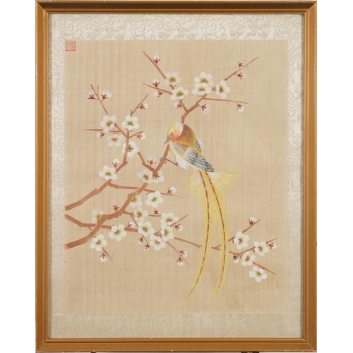 458 - Birds amongst peony blossom and chrysanthemums, set of three Chinese watercolours on silk with red s... 