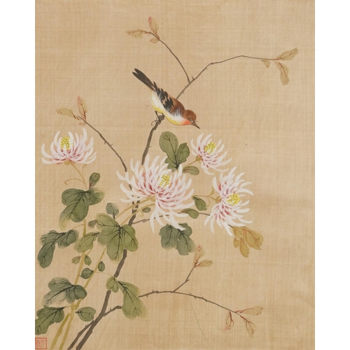 458 - Birds amongst peony blossom and chrysanthemums, set of three Chinese watercolours on silk with red s... 