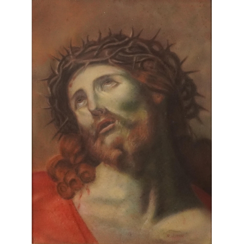 1211 - Christ with crown of thorns, pastel, bearing an indistinct signature, framed and glazed, 39cm x 29cm... 