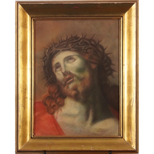 1211 - Christ with crown of thorns, pastel, bearing an indistinct signature, framed and glazed, 39cm x 29cm... 