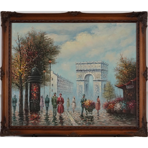 1331 - Parisian street scene with Arc de Triomphe, Impressionist oil on canvas, bearing a signature Wilson,... 