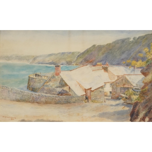 1210 - H Shewbrooks 1901 - Cottages beside water, Cornish school watercolour, mounted, framed and glazed, 3... 