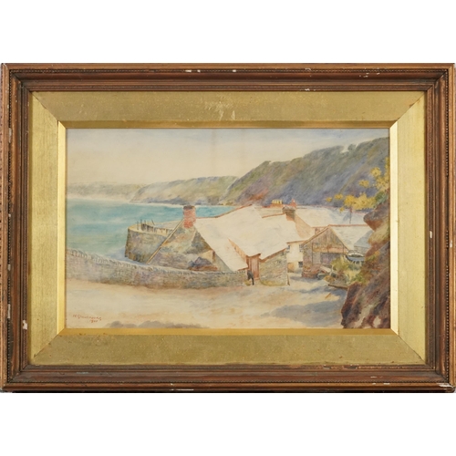 1210 - H Shewbrooks 1901 - Cottages beside water, Cornish school watercolour, mounted, framed and glazed, 3... 