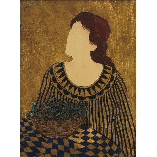 596 - Portrait of a female at a table, Modern Italian school mixed media bearing an indistinct signature, ... 