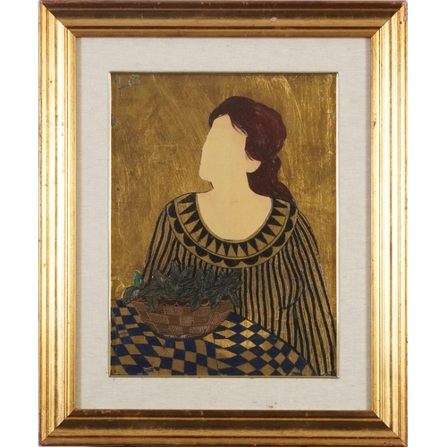 596 - Portrait of a female at a table, Modern Italian school mixed media bearing an indistinct signature, ... 