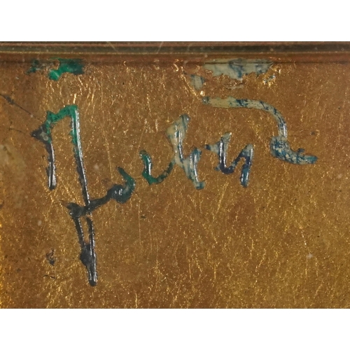 596 - Portrait of a female at a table, Modern Italian school mixed media bearing an indistinct signature, ... 