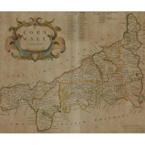 802 - Robert Morden - Hand coloured 18th century map of Cornwall, framed and glazed, 47cm x 42cm excluding... 