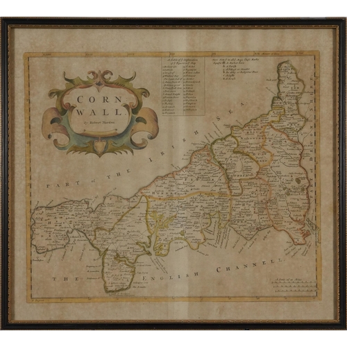 802 - Robert Morden - Hand coloured 18th century map of Cornwall, framed and glazed, 47cm x 42cm excluding... 
