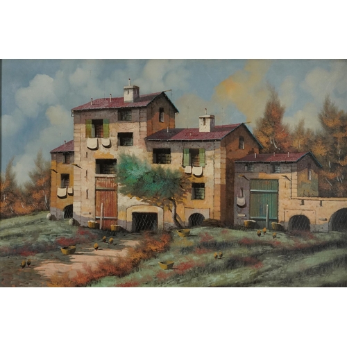 58 - Guido Borelli - Continental building with chickens, Italian Impressionist oil on canvas, framed, 90c... 