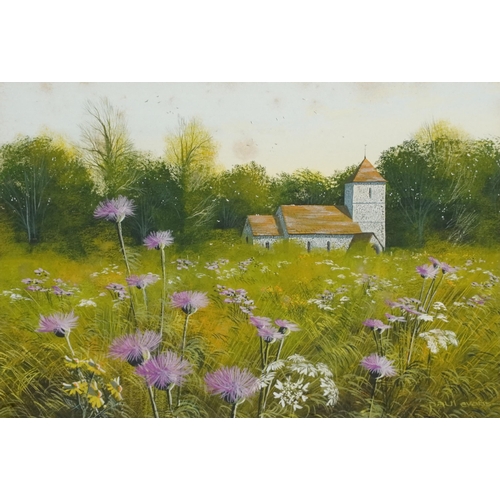 592 - Paul Evans - Flowers before a church, mixed media, mounted, framed and glazed, 24cm x 16cm excluding... 