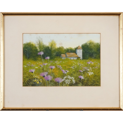 592 - Paul Evans - Flowers before a church, mixed media, mounted, framed and glazed, 24cm x 16cm excluding... 