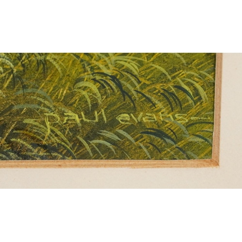 592 - Paul Evans - Flowers before a church, mixed media, mounted, framed and glazed, 24cm x 16cm excluding... 