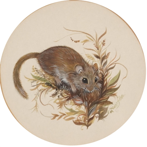 1214 - Anne Elson - Field mouse, circular heightened watercolour, gallery label verso, mounted, framed and ... 