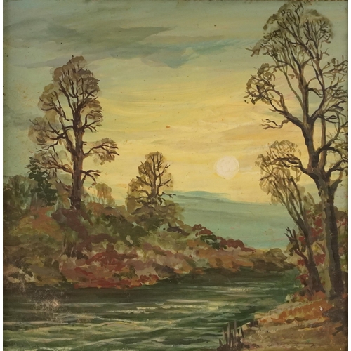 1216 - Moonlit River and Landscape at Dusk, pair of Impressionist oil on boards, mounted and framed, each 8... 