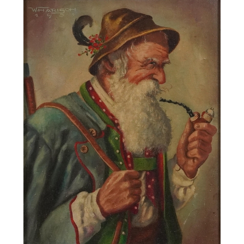 1208 - W Harisch 1951 - Bavarian pipe smoker, European school oil on canvas, framed, 40 x 34cms