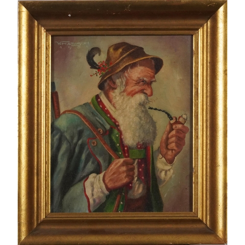 1208 - W Harisch 1951 - Bavarian pipe smoker, European school oil on canvas, framed, 40 x 34cms