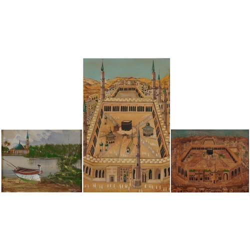 487 - Mecca and moored boat before a mosque, three pictures, one mounted, each framed, the largest 30cm x ... 