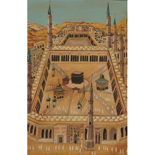 487 - Mecca and moored boat before a mosque, three pictures, one mounted, each framed, the largest 30cm x ... 