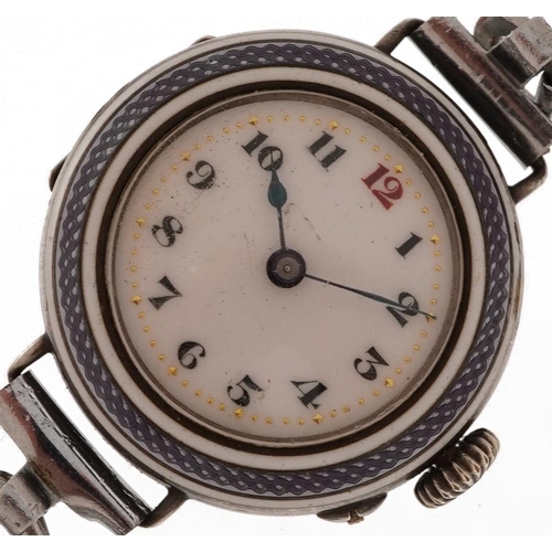 3196 - Ladies silver and guilloche enamel wristwatch, London import marks to the case, 27mm in diameter