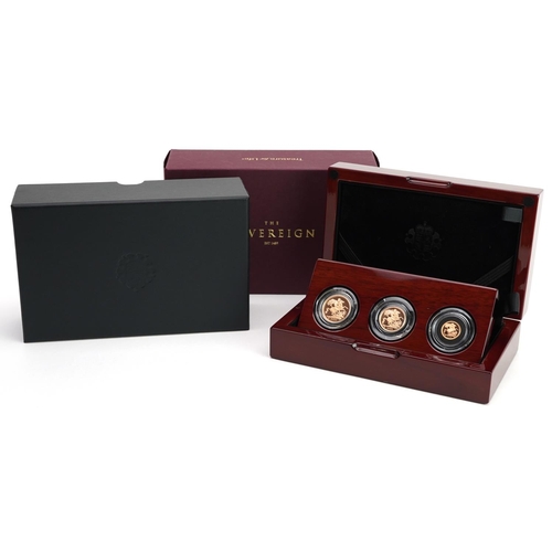 666 - Elizabeth II 2020 The Sovereign three coin gold proof set by The Royal Mint with certificate of auth... 