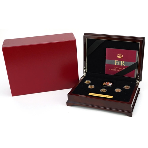 Elizabeth II Sovereign Jubilee collection comprising five gold sovereigns dates 1958, 1974, 1986, 2008 and 2017 housed in a fitted case with box and certificate