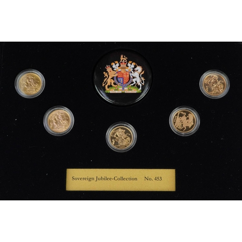 665 - Elizabeth II Sovereign Jubilee collection comprising five gold sovereigns dates 1958, 1974, 1986, 20... 