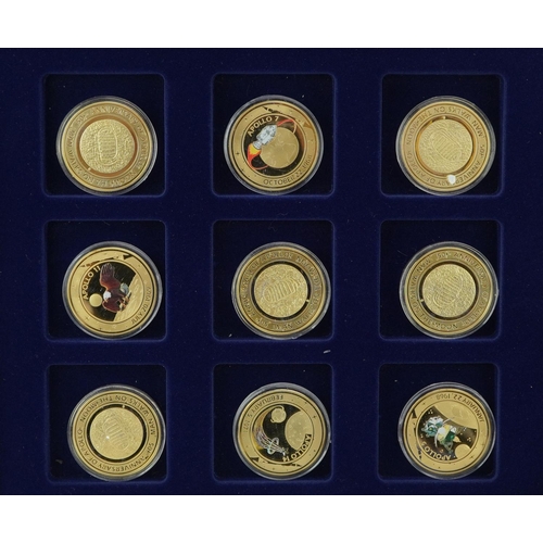 671 - Set of fifteen gold plated coins commemorating 50th Anniversary of Apollo Man Walks on the Moon with... 