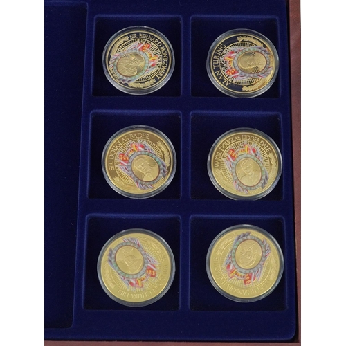 673 - Collection of predominantly gold plated commemorative coins including examples commemorating World W... 