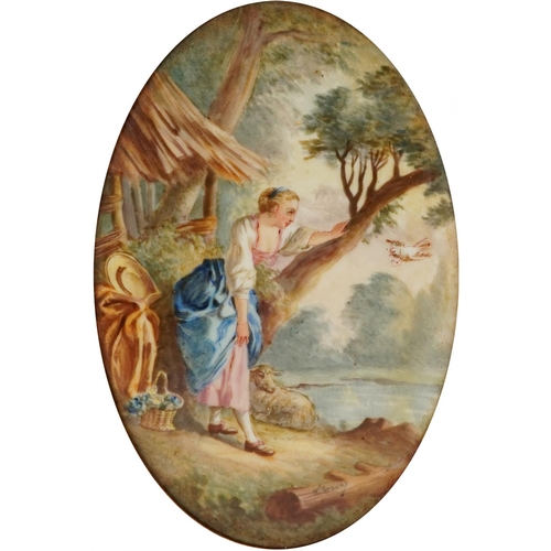 66 - 19th century oval porcelain plaque housed in a hardwood frame hand painted with a female awaiting a ... 