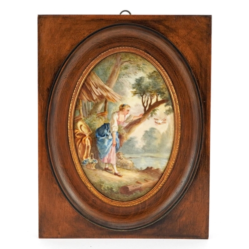 66 - 19th century oval porcelain plaque housed in a hardwood frame hand painted with a female awaiting a ... 