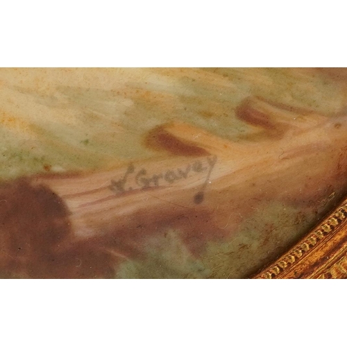 66 - 19th century oval porcelain plaque housed in a hardwood frame hand painted with a female awaiting a ... 