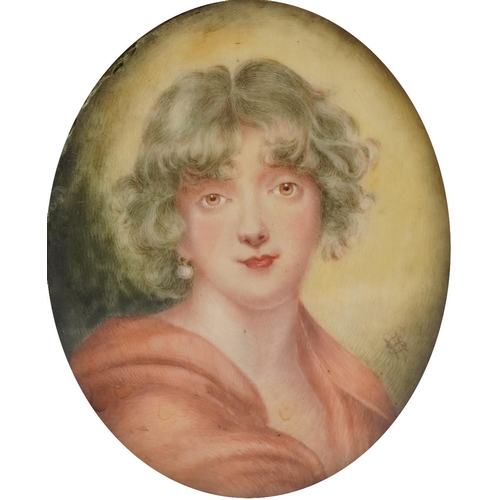 91 - 19th century oval hand painted portrait miniature of a young female housed in an ornate brass frame ... 