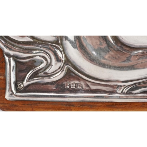 471 - Roberts & Belk Ltd, Art Nouveau style silver easel photo frame embossed with Jack Frost and moon wit... 