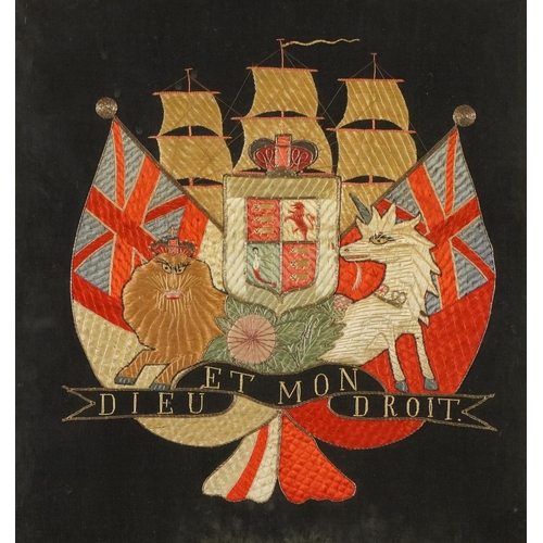 265 - 19th century sailor's woolwork picture in a burr walnut frame, Dieu et Mon Droit, 40cm x 38cm exclud... 