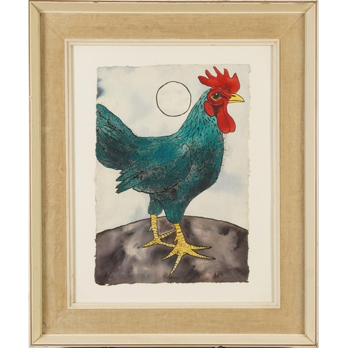 380 - Cockerel before moonlight, watercolour on card bearing and indistinct signature, possibly Krysia D..... 