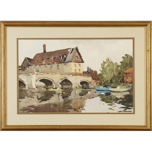 238 - Edward Wesson - Bridge Over Water, Modern British watercolour, mounted, framed and glazed, 49cm x 32... 