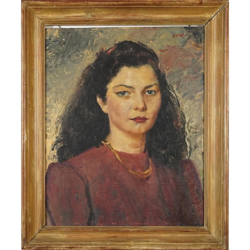 378 - Herbert Holt - Portrait of a female with black hair, Modern British oil on canvas, inscribed painted... 